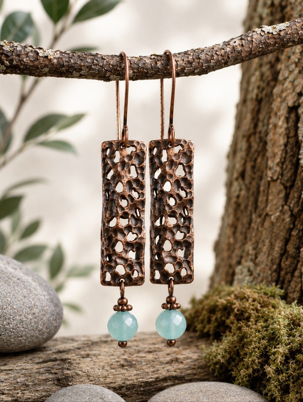 Copper Textured Earrings Aqua Quartzite Dangles Rustic Nature Hand Crafted